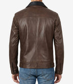 Mens Coffee Waxed Leather Jacket With Black Collar