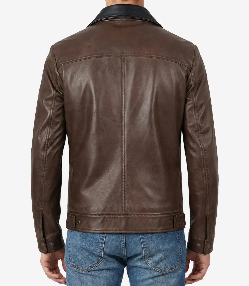 Mens Coffee Waxed Leather Jacket With Black Collar