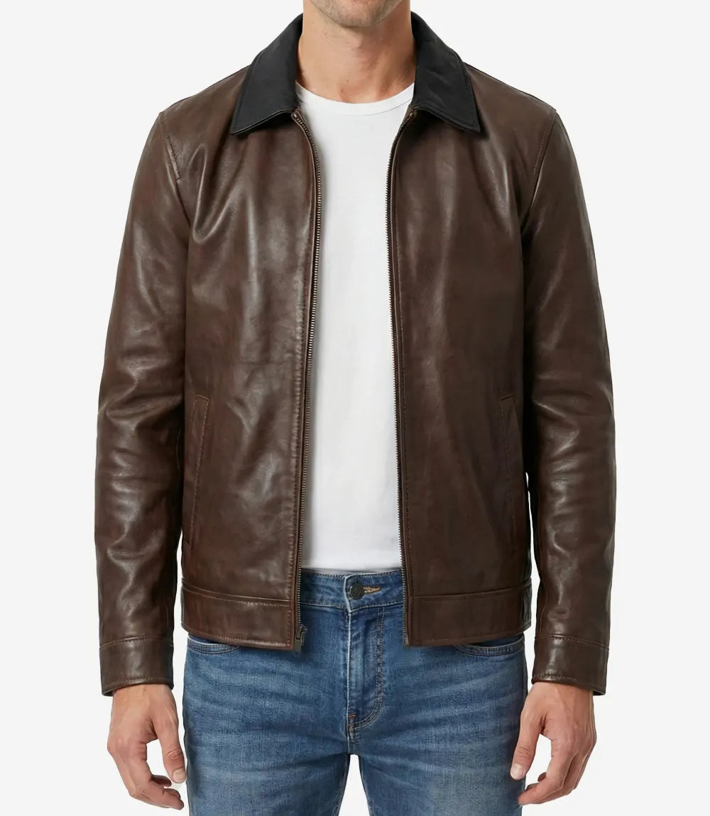 Mens Coffee Waxed Leather Jacket With Black Collar