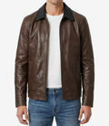 Mens Coffee Waxed Leather Jacket With Black Collar