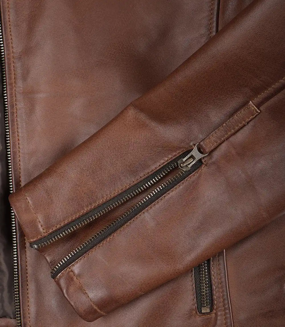 Mens Real Leather Cognac Biker Style Jacket With Dual Stripes