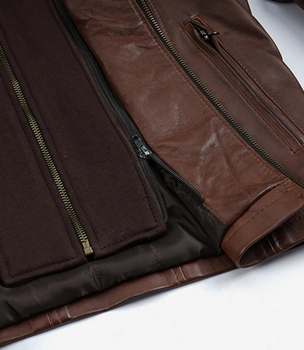 Mens Cognac Waxed Biker Style Leather Jacket with Hood