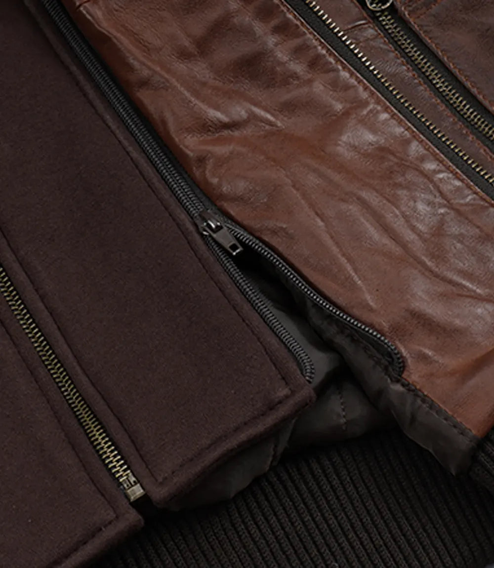 Mens Cognac Waxed Bomber Leather Jacket With Hood
