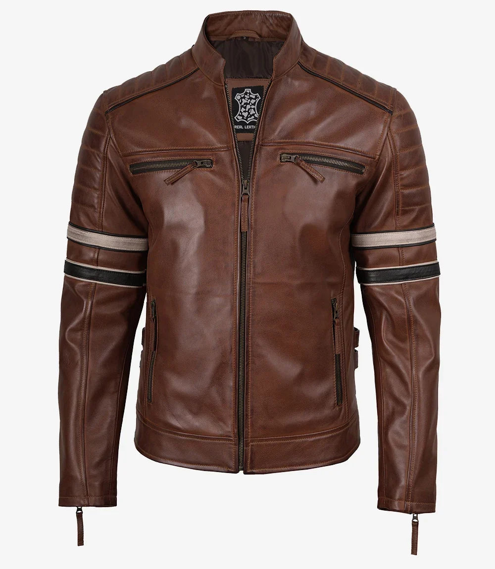 Mens Real Leather Cognac Biker Style Jacket With Dual Stripes