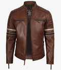 Mens Real Leather Cognac Biker Style Jacket With Dual Stripes