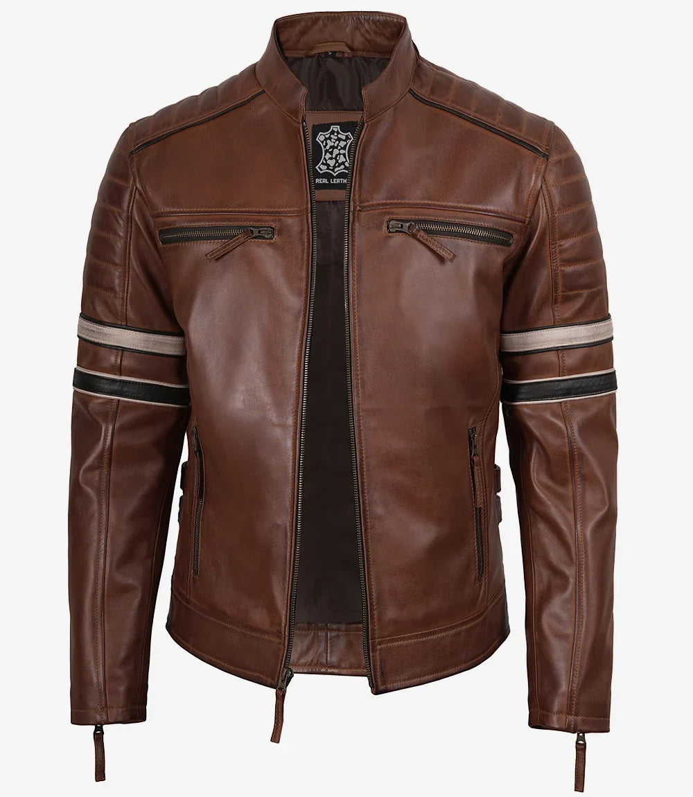Mens Real Leather Cognac Biker Style Jacket With Dual Stripes