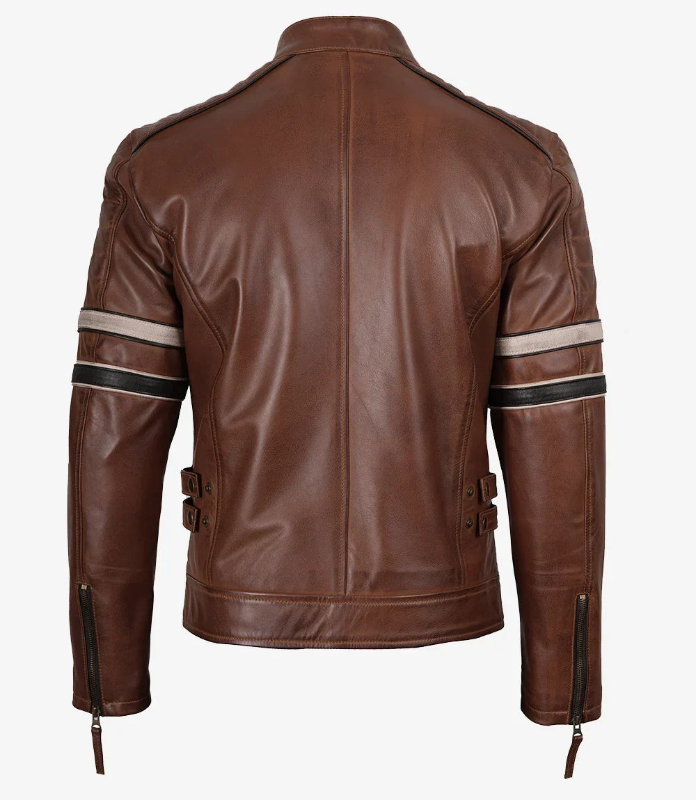 Mens Real Leather Cognac Biker Style Jacket With Dual Stripes