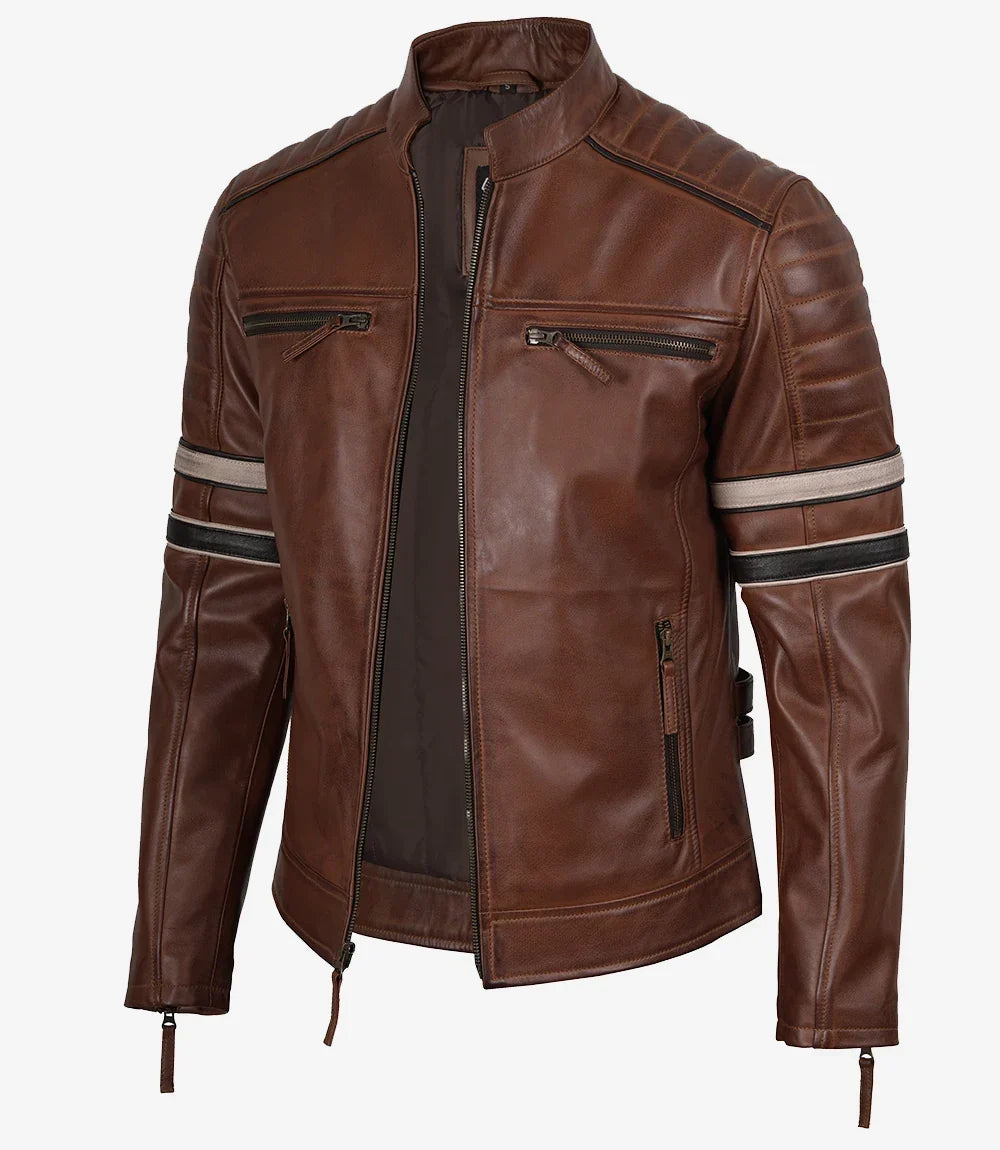 Mens Real Leather Cognac Biker Style Jacket With Dual Stripes