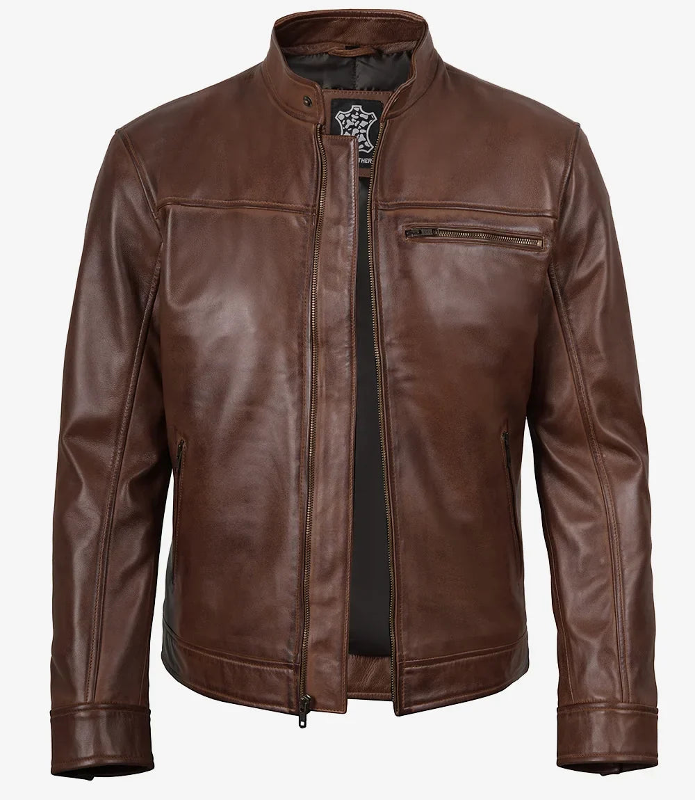 Mens Real Leather Cognac Biker Style Leather Jacket