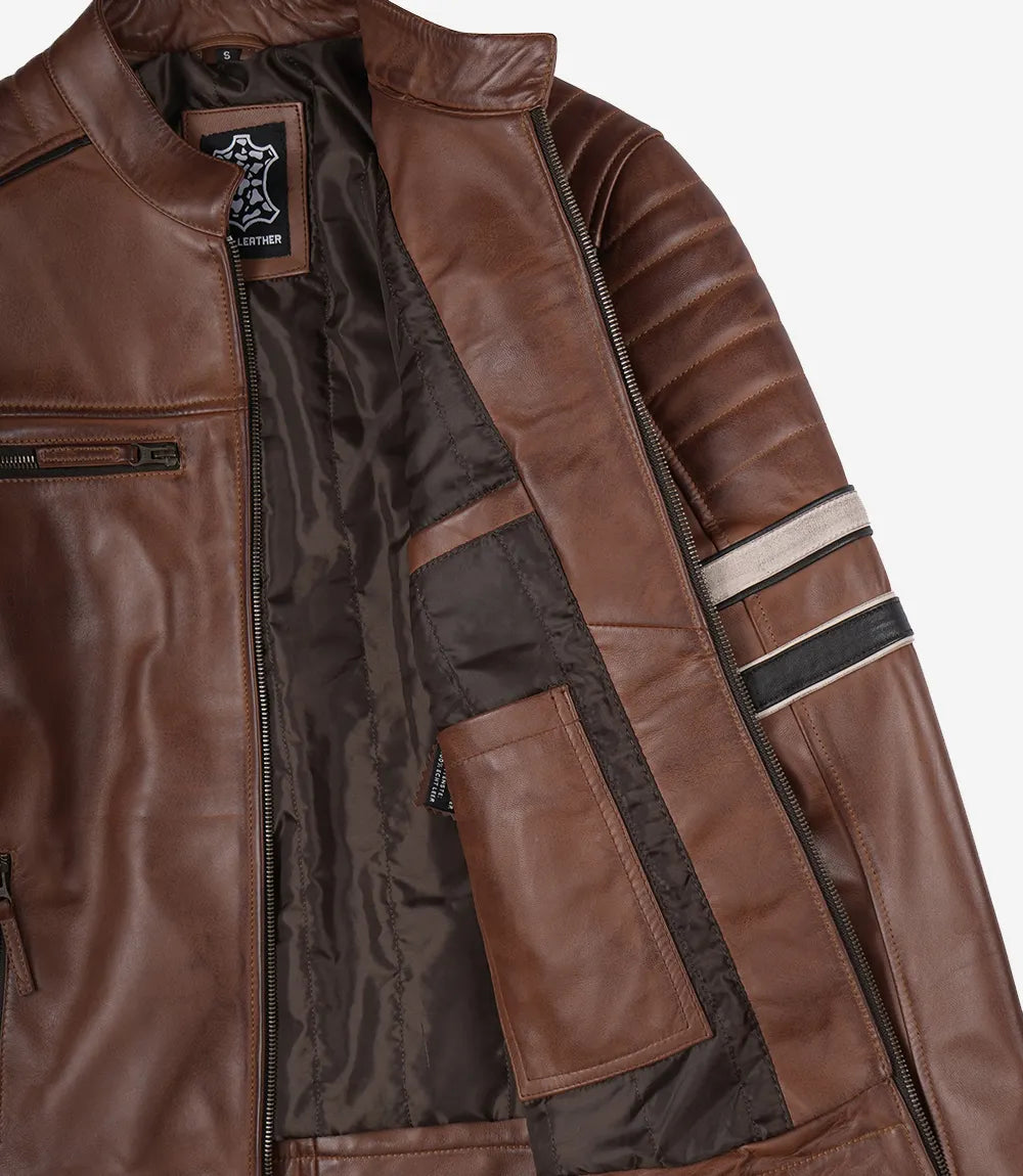 Mens Real Leather Cognac Biker Style Jacket With Dual Stripes