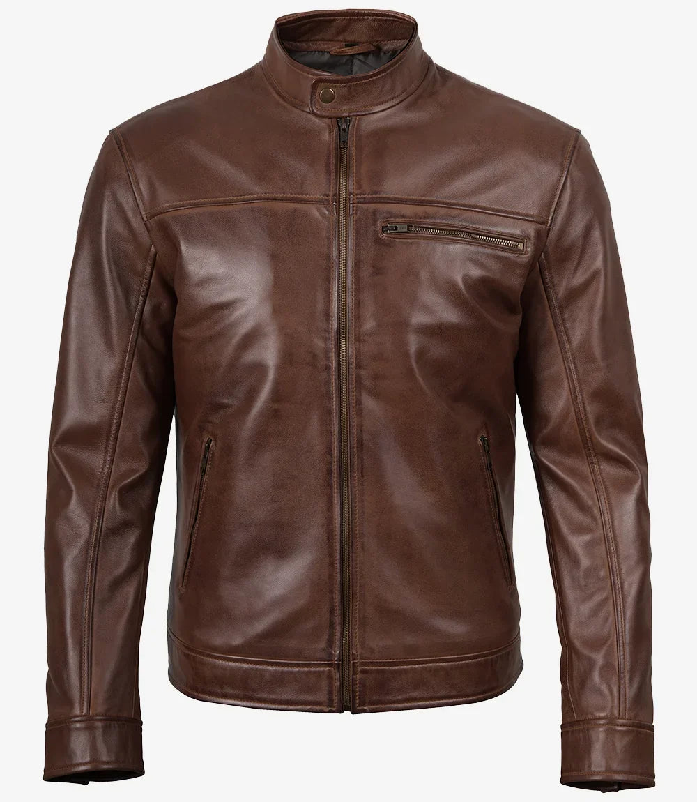 Mens Real Leather Cognac Biker Style Leather Jacket