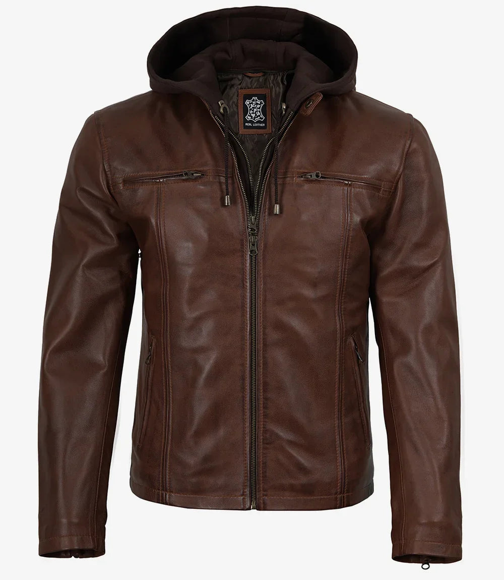Mens Cognac Waxed Biker Style Leather Jacket with Hood