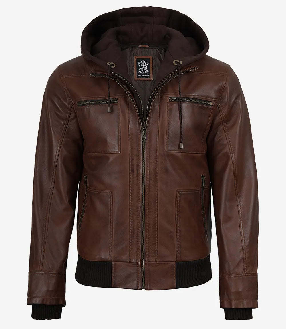 Mens Cognac Waxed Bomber Leather Jacket With Hood