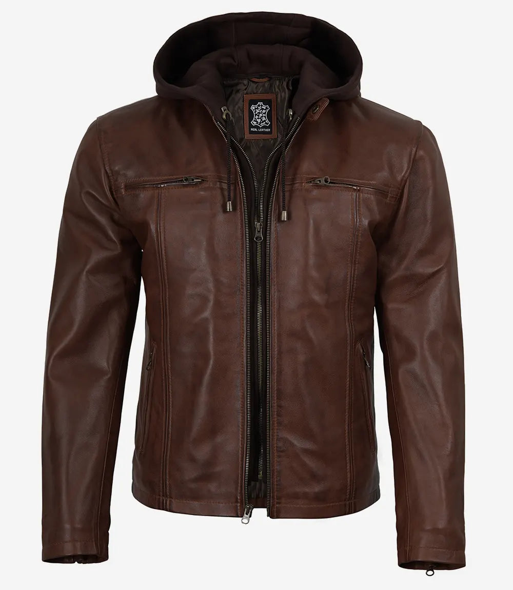 Mens Cognac Waxed Biker Style Leather Jacket with Hood