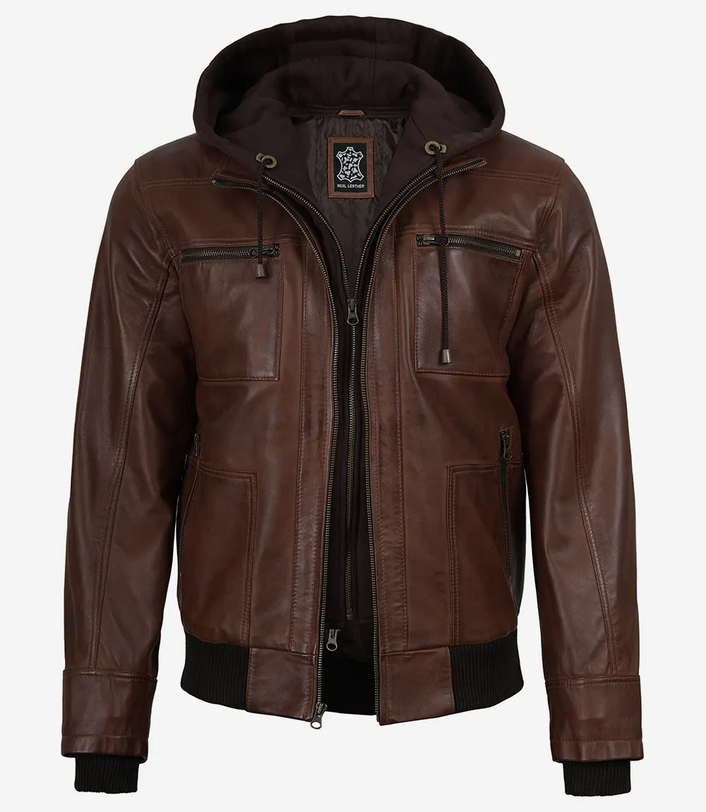 Mens Cognac Waxed Bomber Leather Jacket With Hood