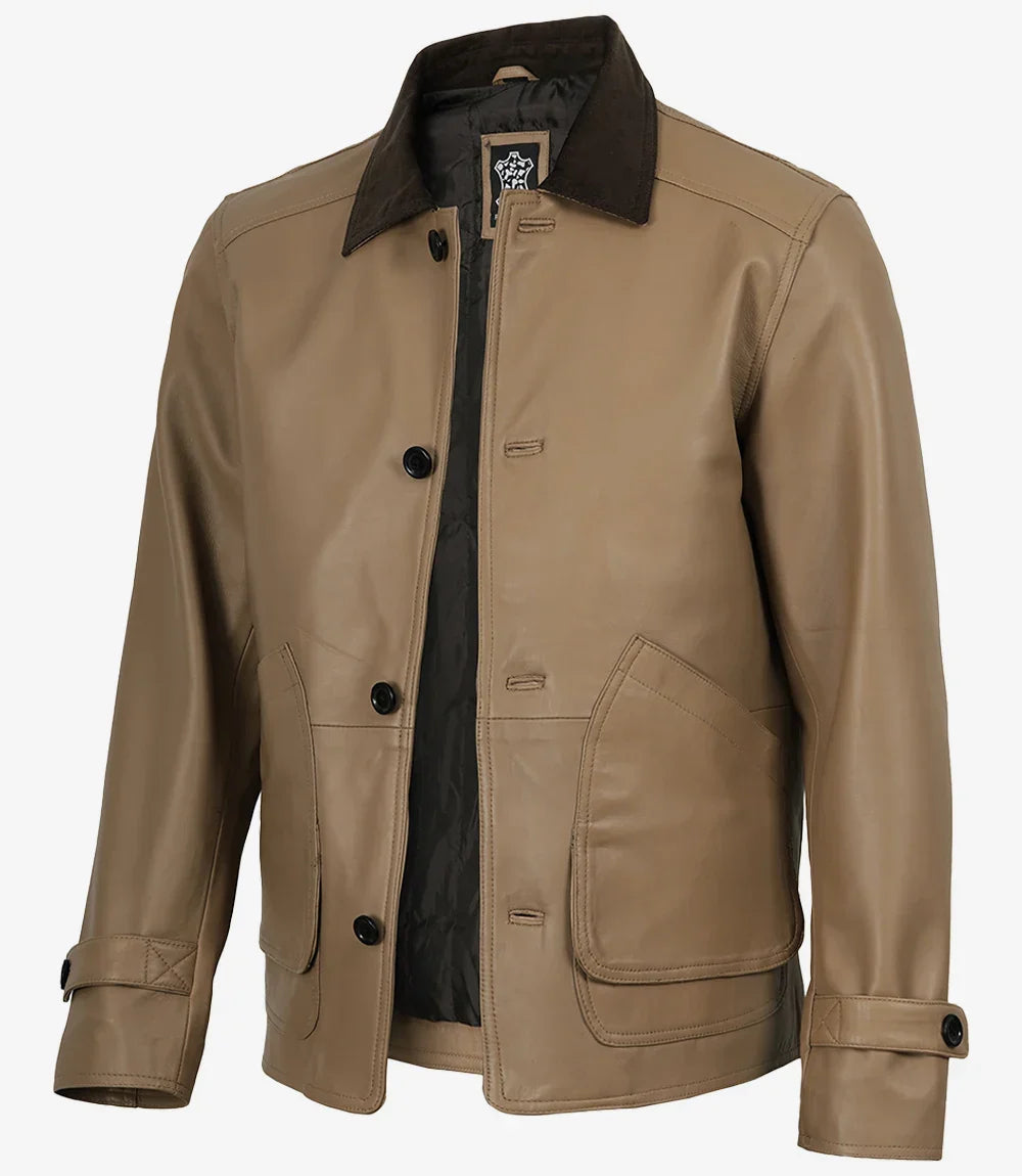 Men's Beige Leather Barn Jacket with Contrast Collar