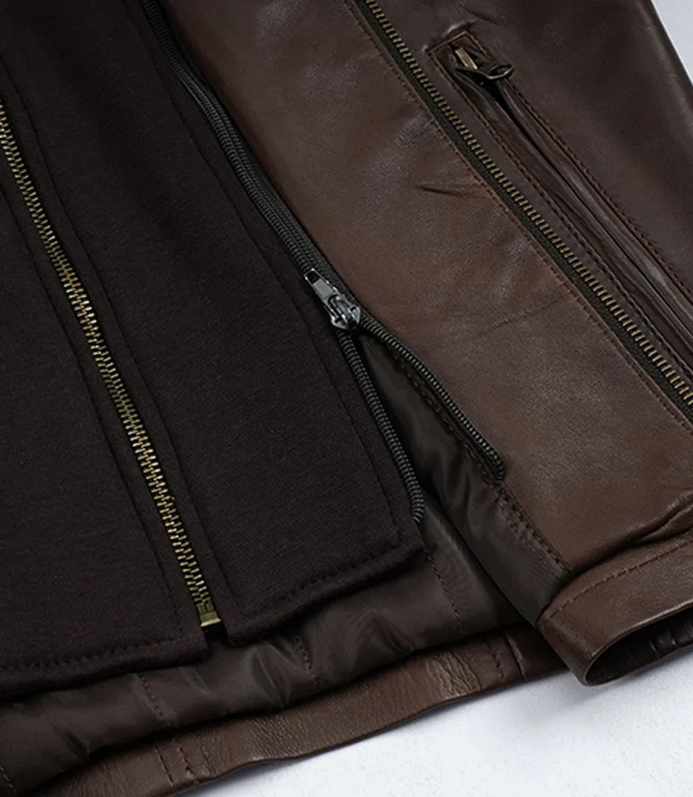 Mens Dark Brown Biker Style Leather Jacket with Hood