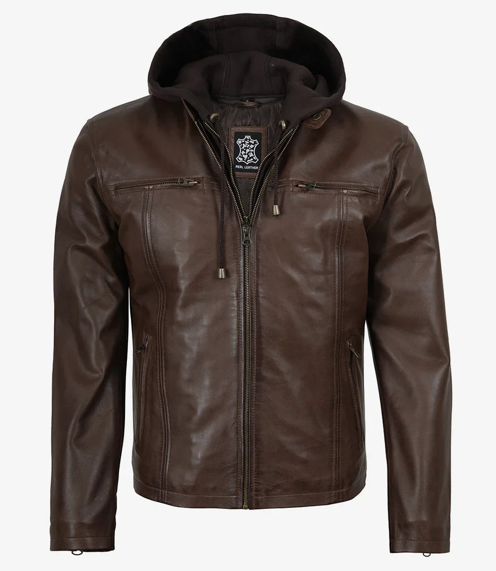 Mens Dark Brown Biker Style Leather Jacket with Hood