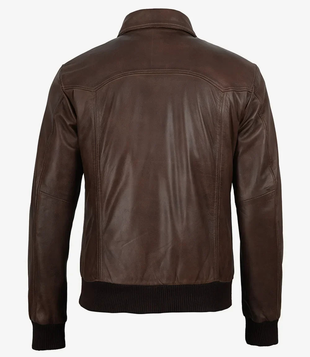 Mens Classic Dark Brown Leather Bomber Jacket