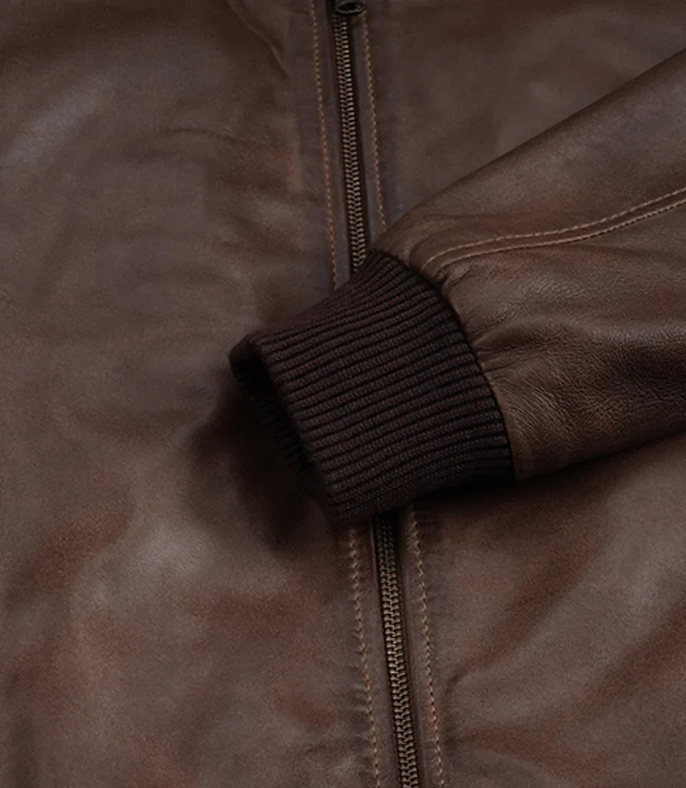 Mens Classic Dark Brown Leather Bomber Jacket