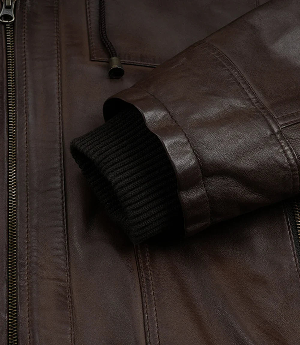 Mens Dark Brown Bomber Leather Jacket With Hood