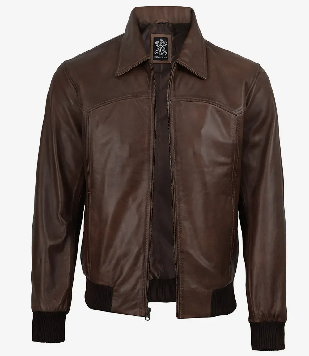 Mens Classic Dark Brown Leather Bomber Jacket