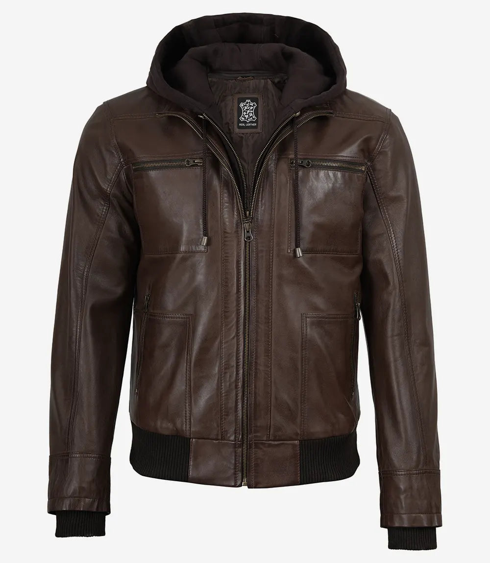 Mens Dark Brown Bomber Leather Jacket With Hood