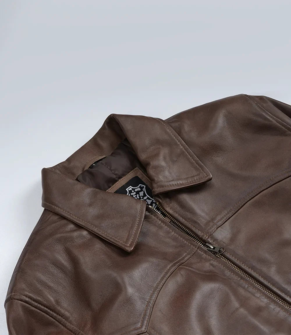 Mens Classic Dark Brown Leather Bomber Jacket