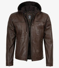Mens Dark Brown Biker Style Leather Jacket with Hood