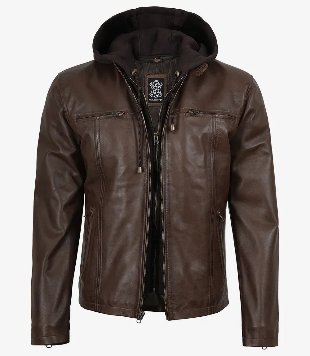 Mens Dark Brown Biker Style Leather Jacket with Hood