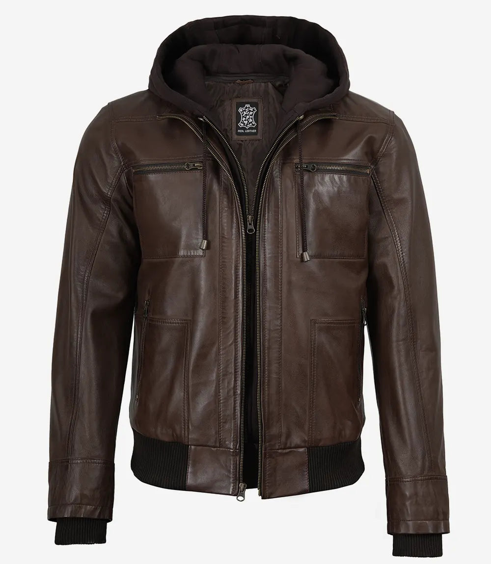 Mens Dark Brown Bomber Leather Jacket With Hood