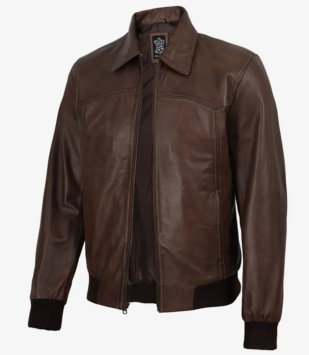 Mens Classic Dark Brown Leather Bomber Jacket