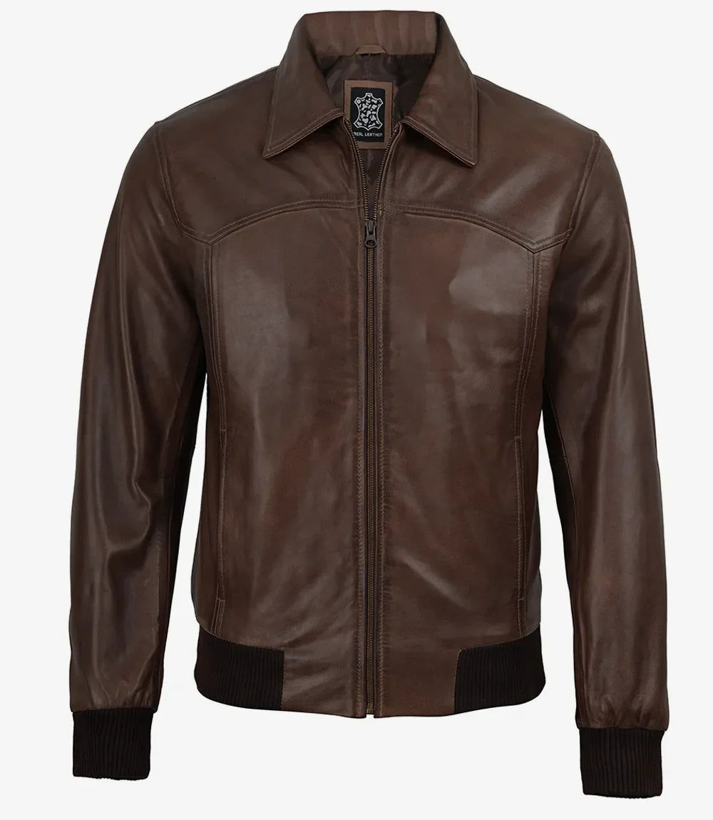 Mens Classic Dark Brown Leather Bomber Jacket