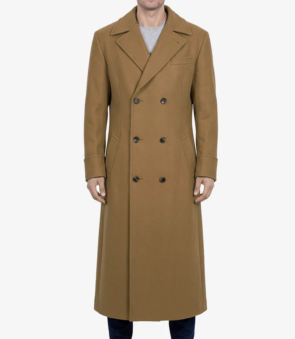 Aaron Mens Camel Brown Double Breasted Wool Coat