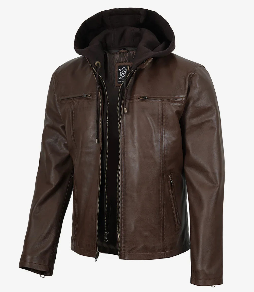 Mens Dark Brown Biker Style Leather Jacket with Hood