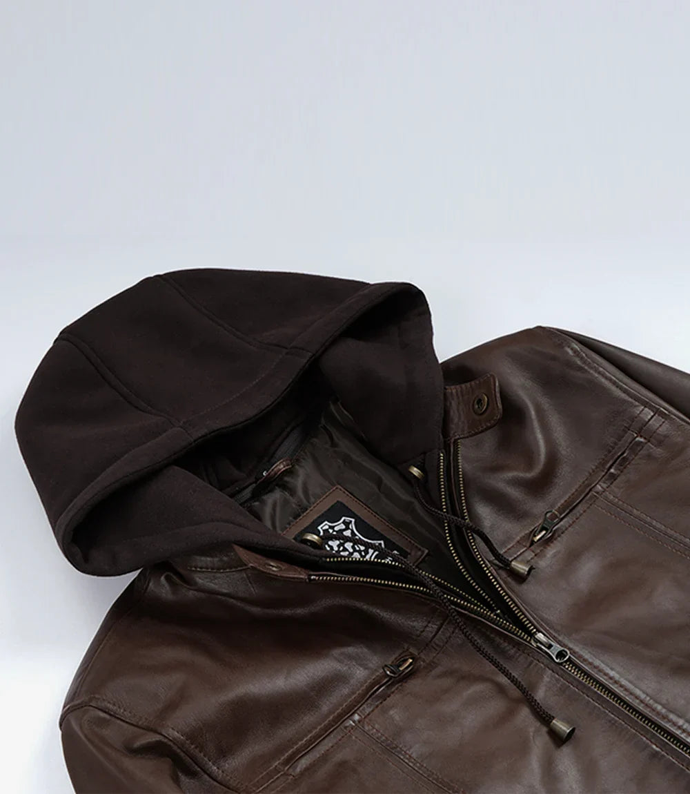 Mens Dark Brown Biker Style Leather Jacket with Hood