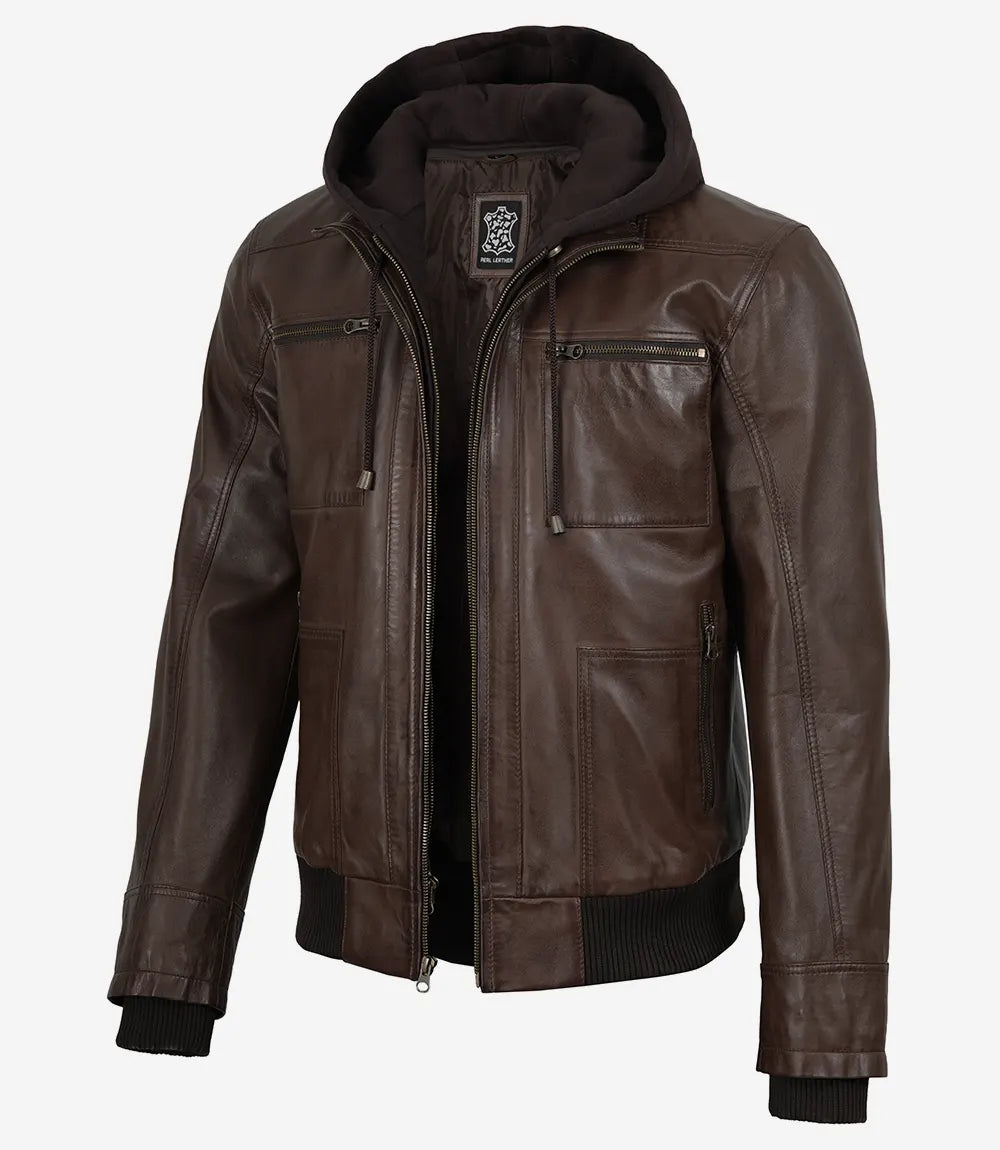 Mens Dark Brown Bomber Leather Jacket With Hood