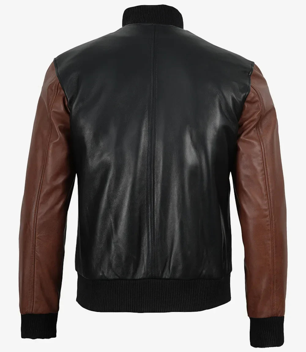 Mens Black and Cognac Bomber Leather Jacket - Letterman Style