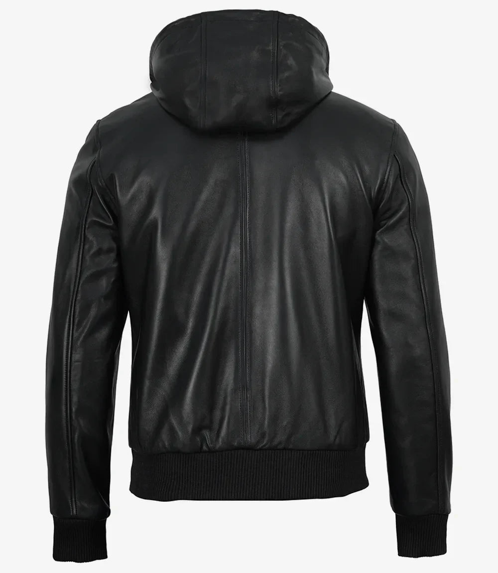 Mens Black Hooded Leather Bomber Jacket - Letterman Style