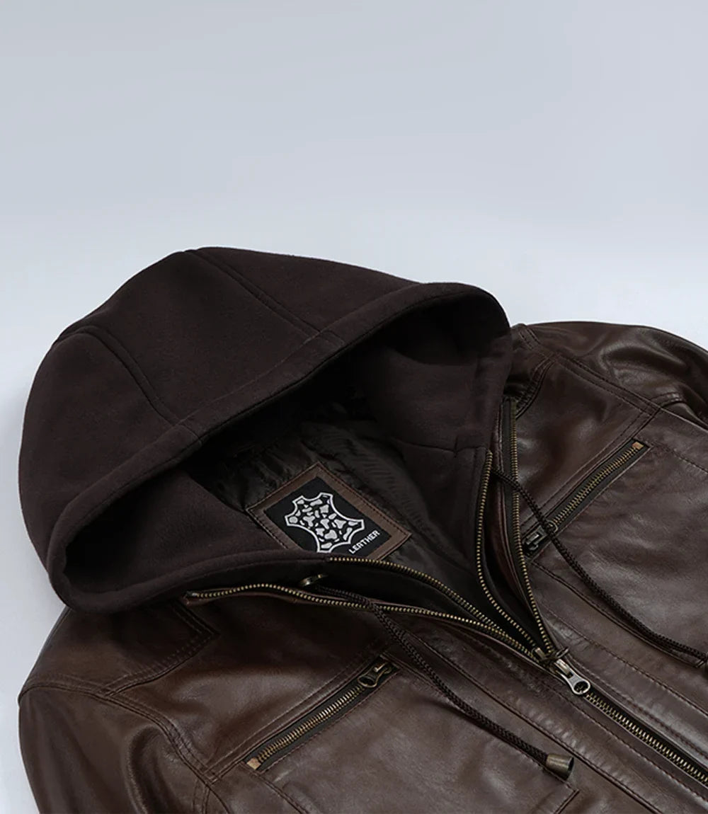 Mens Dark Brown Bomber Leather Jacket With Hood