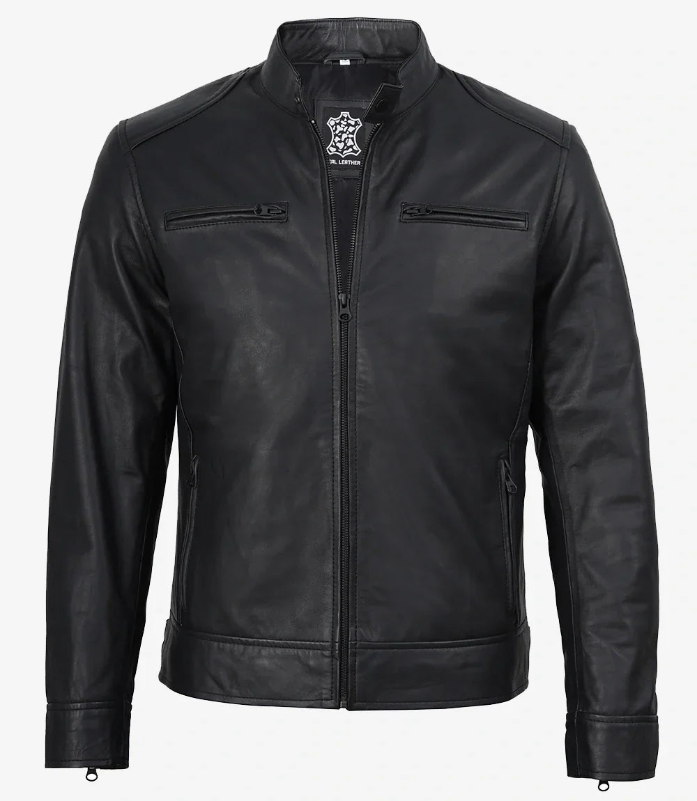 Mens Real Leather Matte Black Jacket - Biker Style