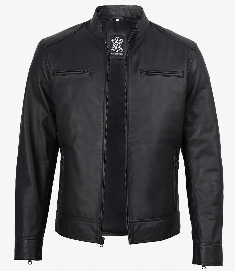 Mens Real Leather Matte Black Jacket - Biker Style