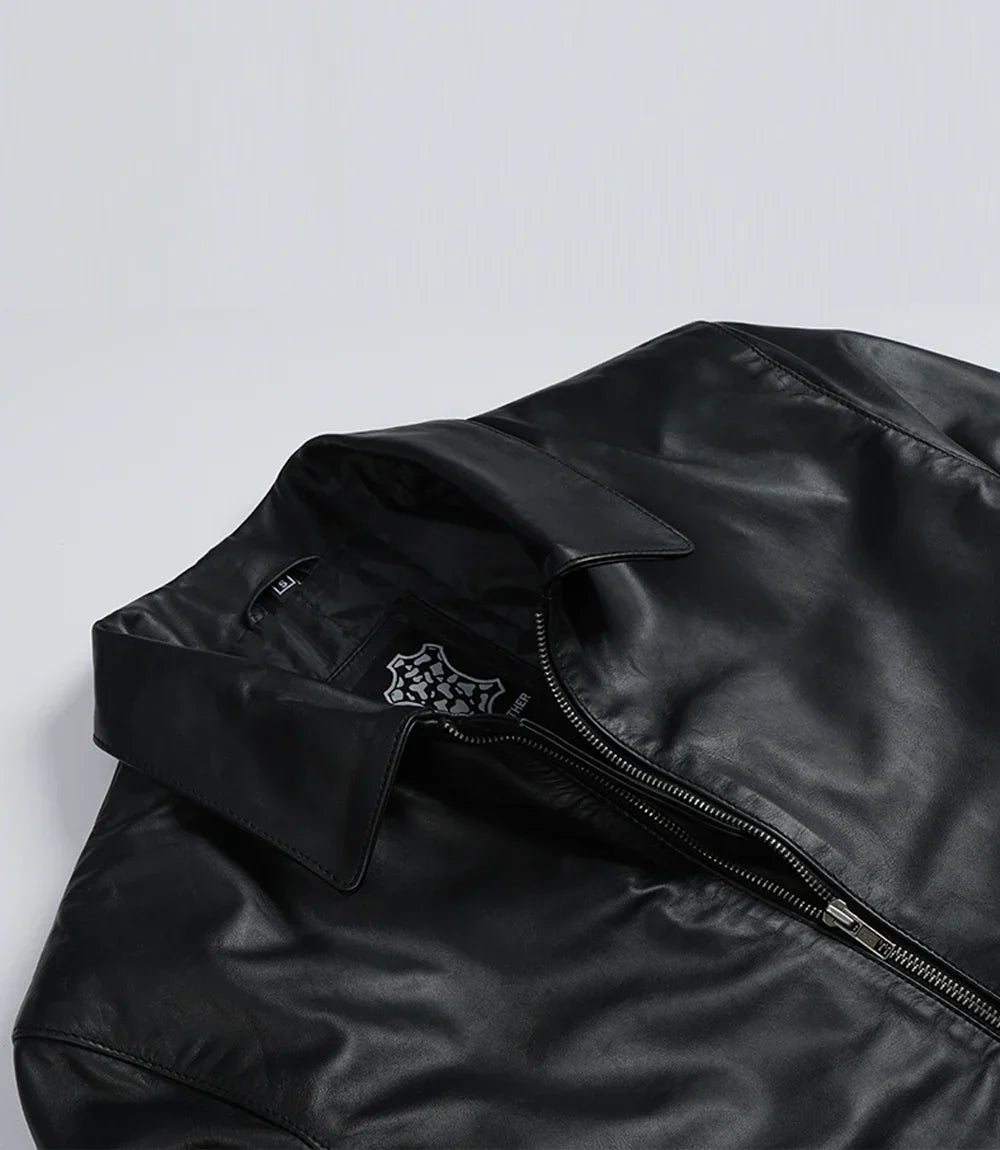 Michael Men's Black Cowhide Leather Jacket with Shirt Collar