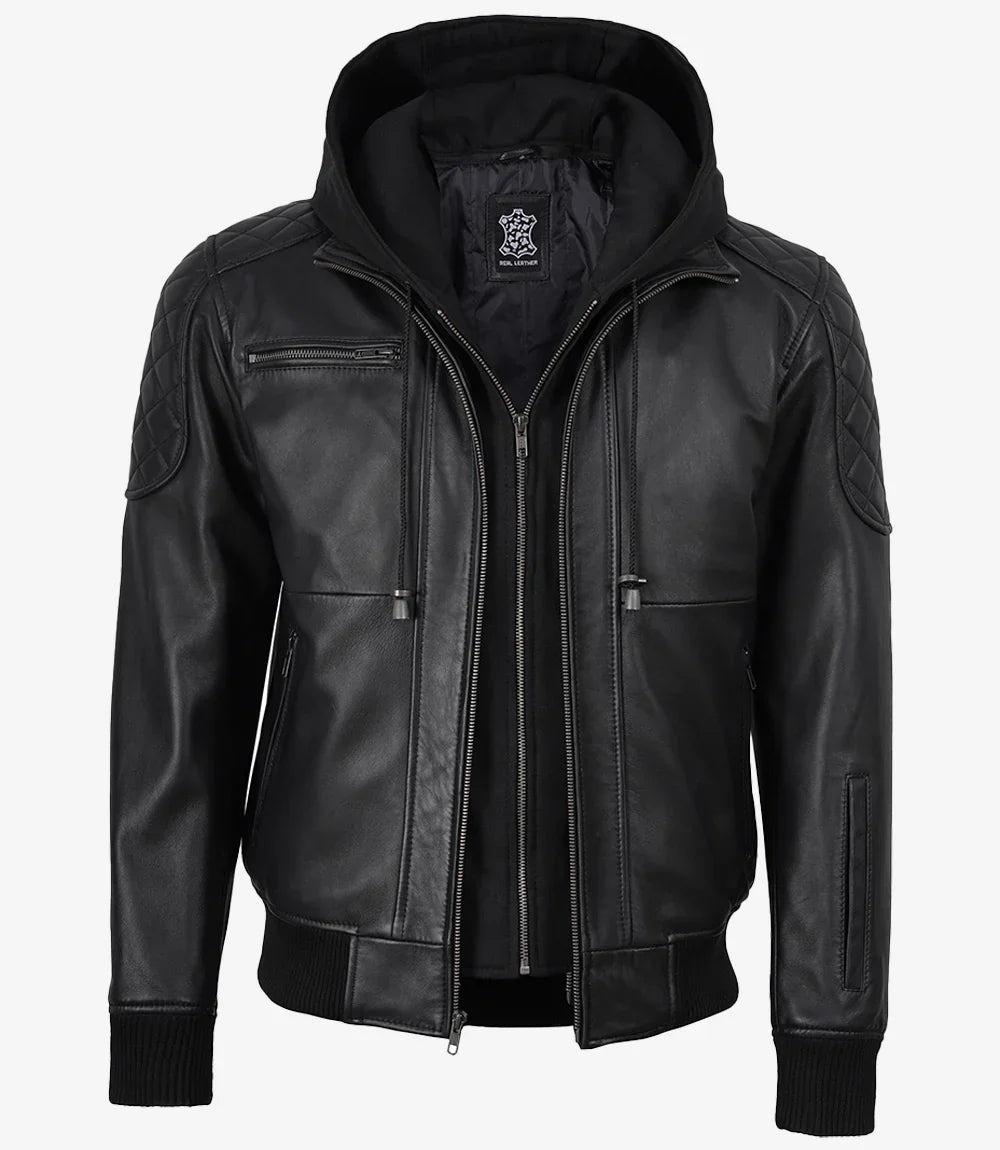Men's Black Quilted Leather Bomber Jacket with Removable Hood