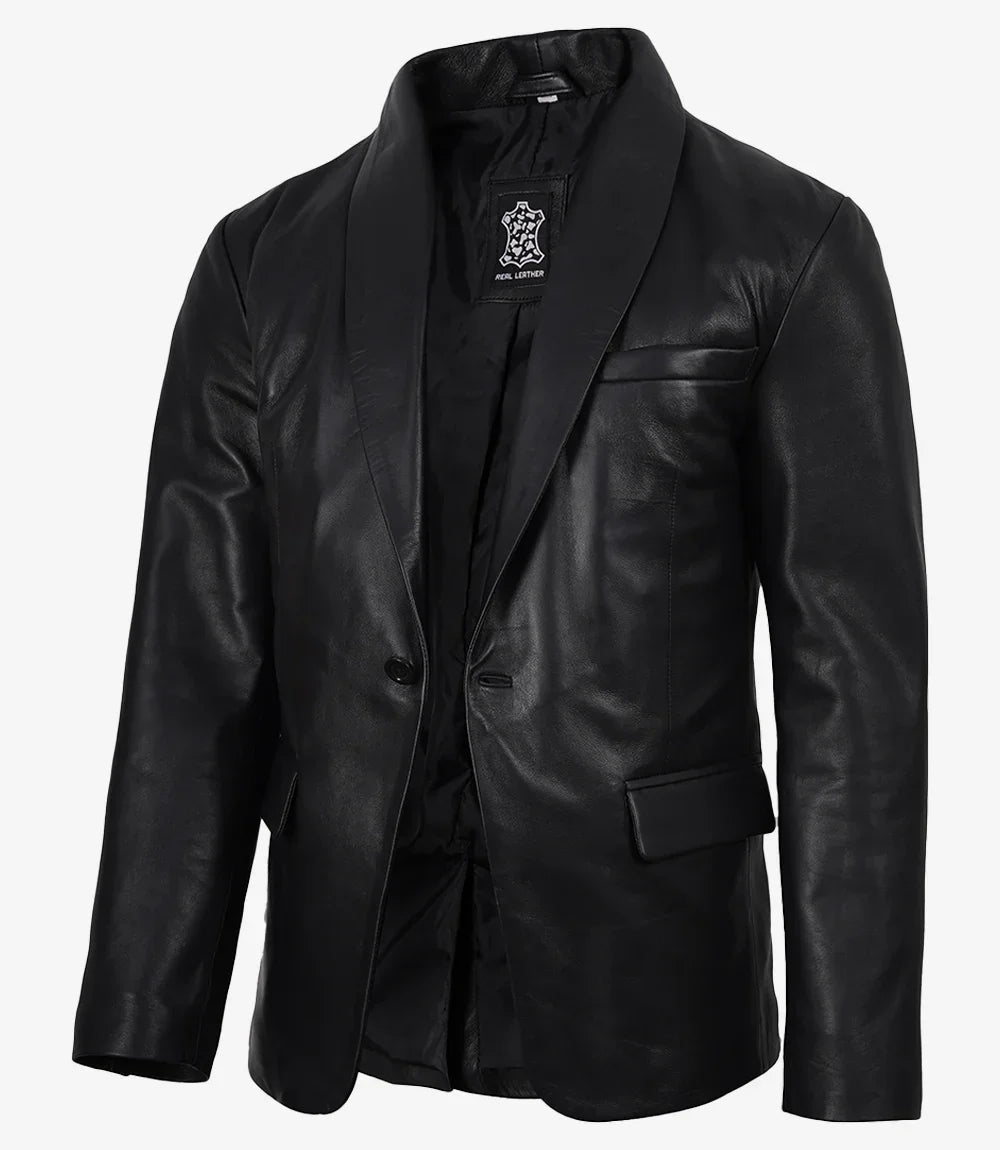 Men's Single Button Black Leather Blazer - Shawl Lapel