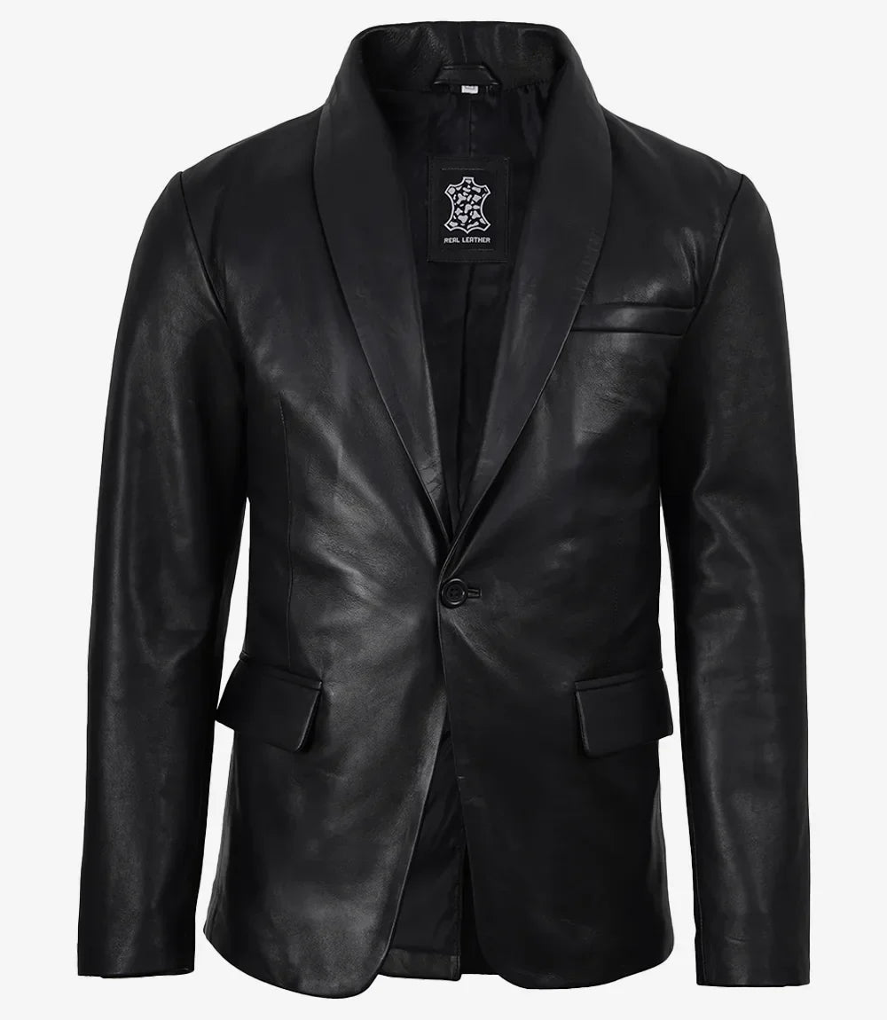 Men's Single Button Black Leather Blazer - Shawl Lapel