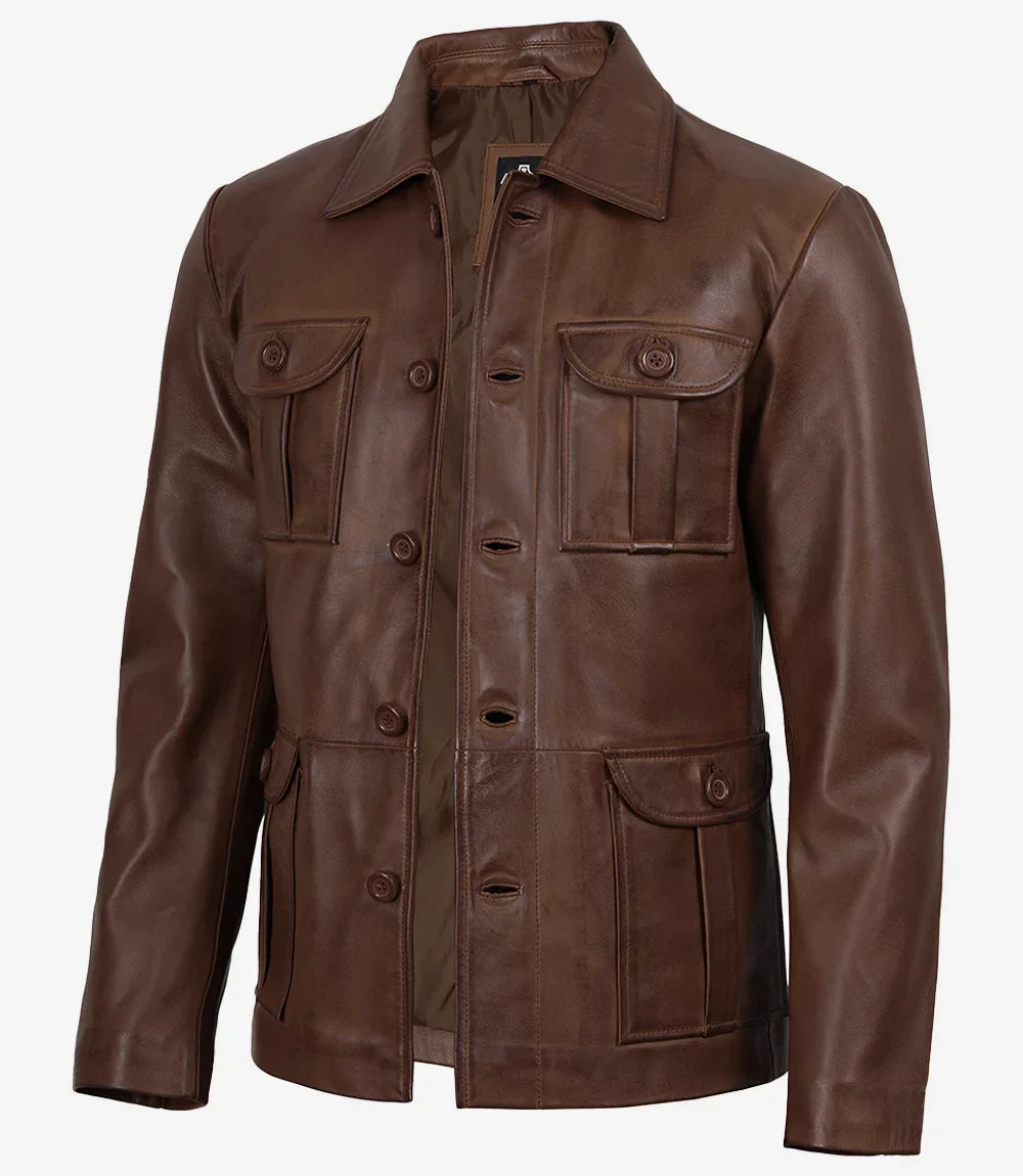 Men's Brown Cognac Wax Utility Leather Field Jacket