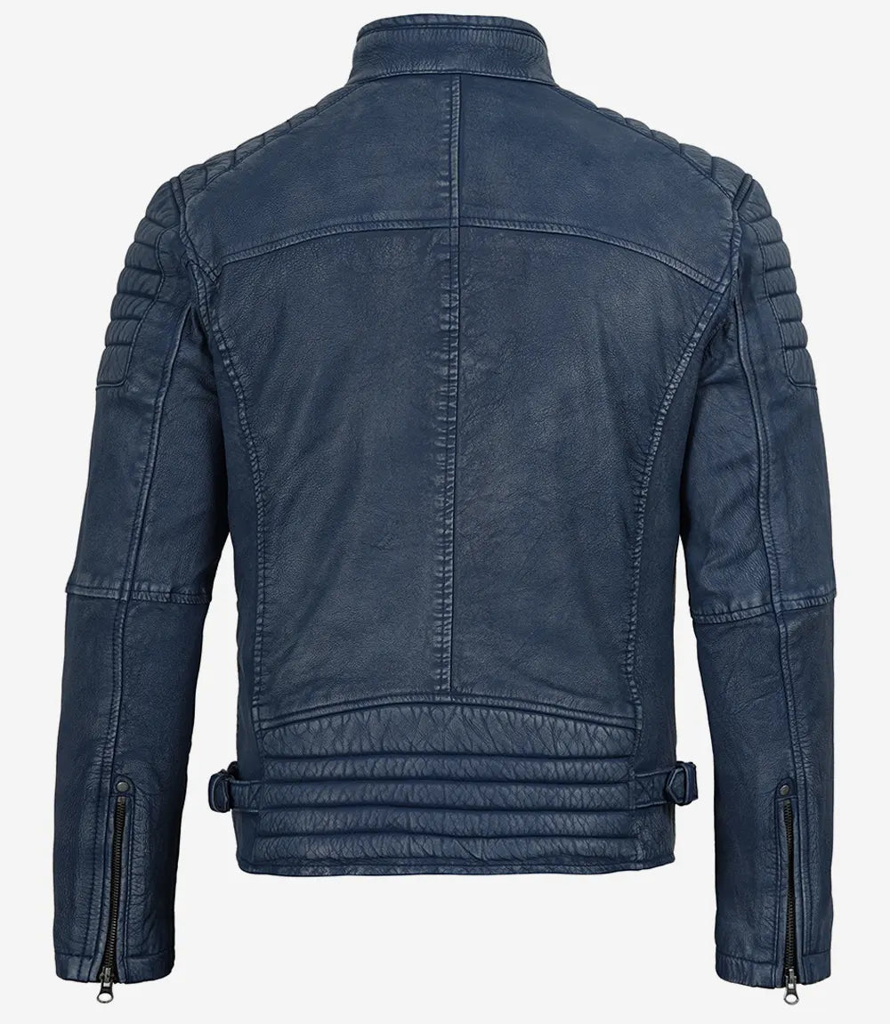 Mens Blue Washed Biker Style Leather Jacket