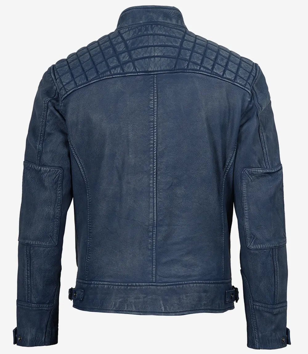 Mens Blue Washed Leather Biker Style Jacket