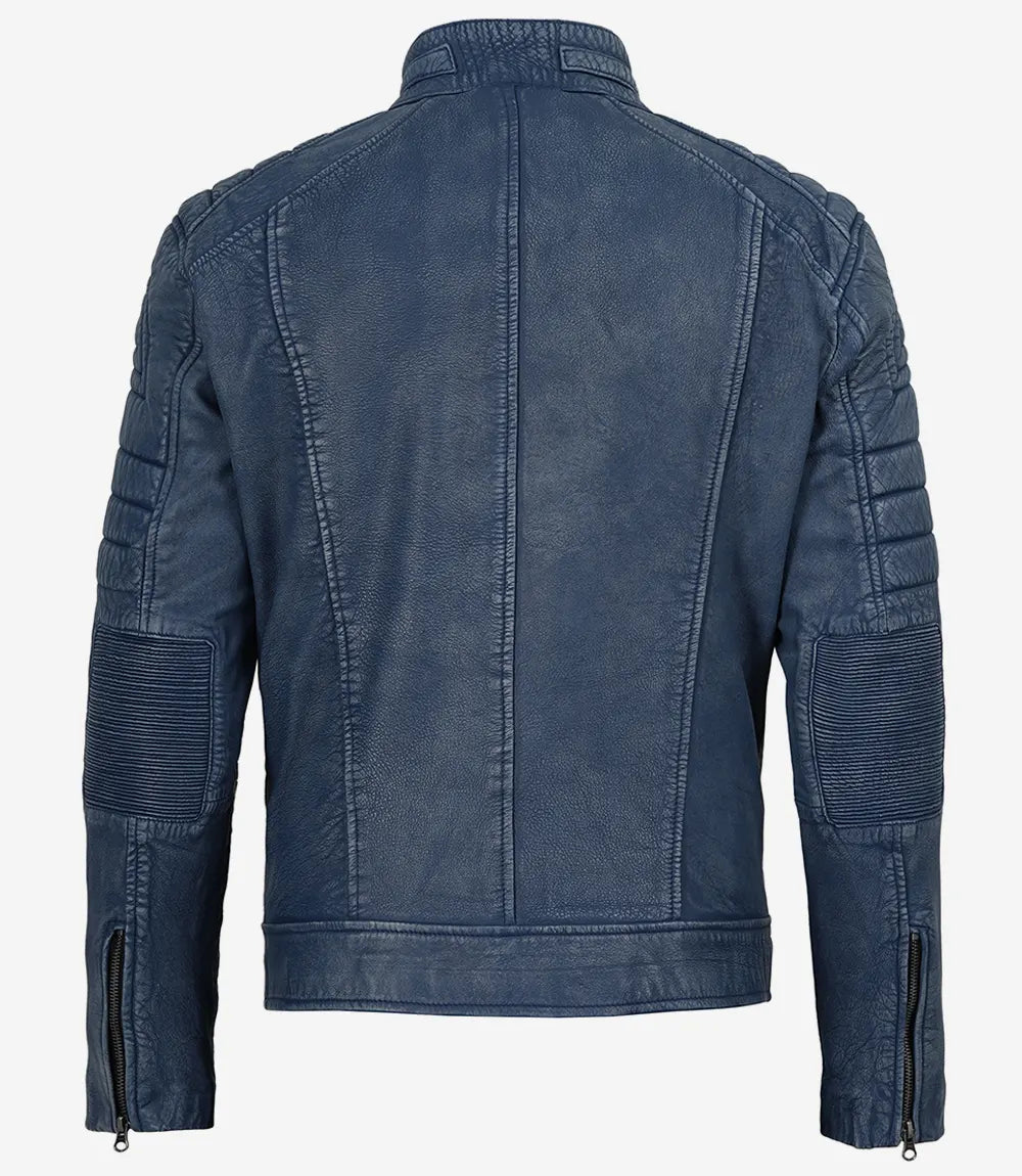 Mens Blue Washed Cafe Racer Leather Jacket